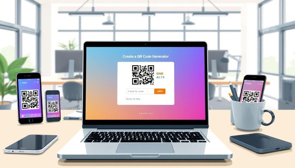 A modern workspace scene that illustrates the process of creating a QR code online. In the foreground, a sleek laptop is open, displaying a user-friendly QR code generator interface with vibrant colors, surrounded by mobile devices showing QR codes. In the middle ground, a well-organized desk features tech accessories like a smartphone, notebook, and a coffee cup, conveying a productive atmosphere. The background showcases a bright, airy office with large windows letting in natural light, highlighting the creative and tech-savvy mood. The entire scene is well-lit with soft, diffused lighting, creating a welcoming and professional environment perfect for illustrating the simplicity of generating QR codes. A modern workspace scene that illustrates the process of creating a QR code online. In the foreground, a sleek laptop is open, displaying a user-friendly QR code generator interface with vibrant colors, surrounded by mobile devices showing QR codes. In the middle ground, a well-organized desk features tech accessories like a smartphone, notebook, and a coffee cup, conveying a productive atmosphere. The background showcases a bright, airy office with large windows letting in natural light, highlighting the creative and tech-savvy mood. The entire scene is well-lit with soft, diffused lighting, creating a welcoming and professional environment perfect for illustrating the simplicity of generating QR codes.