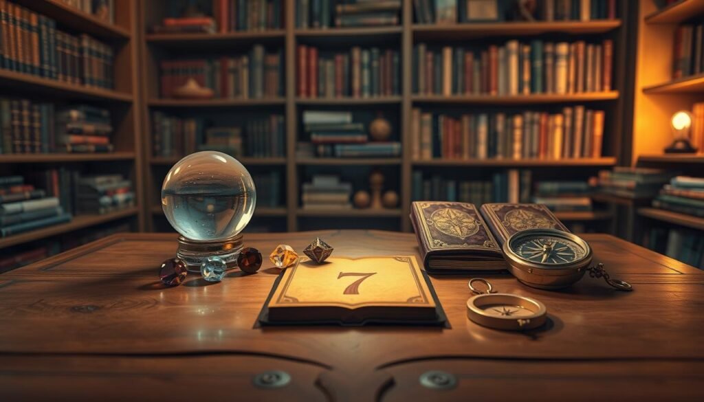 A mystical and contemplative scene centered around the number 7. In the foreground, an artistically crafted wooden table displaying seven symbolic items: a crystal ball, a set of seven colorful gemstones, a small ancient book with the number 7 embossed, and a golden compass. The middle ground features a soft, glowing light emanating from the items, casting delicate shadows. In the background, shelves filled with books and artifacts related to numerology and psychology, blurring slightly to keep focus on the foreground. The lighting is warm and inviting, creating an atmosphere of curiosity and wonder, as if inviting the viewer to explore the deeper meaning of the number 7. The angle should be slightly from above, giving an overview of the intriguing elements while maintaining a sense of intimacy. A mystical and contemplative scene centered around the number 7. In the foreground, an artistically crafted wooden table displaying seven symbolic items: a crystal ball, a set of seven colorful gemstones, a small ancient book with the number 7 embossed, and a golden compass. The middle ground features a soft, glowing light emanating from the items, casting delicate shadows. In the background, shelves filled with books and artifacts related to numerology and psychology, blurring slightly to keep focus on the foreground. The lighting is warm and inviting, creating an atmosphere of curiosity and wonder, as if inviting the viewer to explore the deeper meaning of the number 7. The angle should be slightly from above, giving an overview of the intriguing elements while maintaining a sense of intimacy.