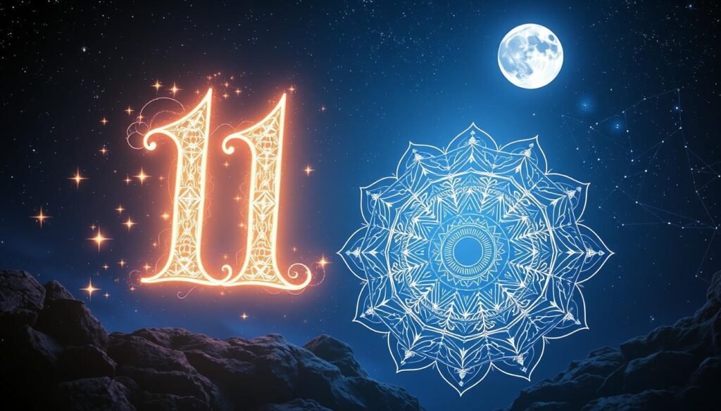 A mystical and elegant representation of numerology, focusing on the number 11 as a master number. In the foreground, a large, ornate numeral "11" glows softly with ethereal light, surrounded by shimmering stars and subtle cosmic patterns. The middle ground features an intricate mandala design, symbolizing balance and spiritual insight, intertwined with numbers and symbols representing the significance of numerology. In the background, a deep indigo sky filled with twinkling constellations and a luminous full moon creates a serene and magical atmosphere. The lighting is soft and enchanting, casting gentle shadows that evoke a sense of wonder and introspection. The overall mood is uplifting, inviting curiosity and reflection on the mysteries of numerology. A mystical and elegant representation of numerology, focusing on the number 11 as a master number. In the foreground, a large, ornate numeral "11" glows softly with ethereal light, surrounded by shimmering stars and subtle cosmic patterns. The middle ground features an intricate mandala design, symbolizing balance and spiritual insight, intertwined with numbers and symbols representing the significance of numerology. In the background, a deep indigo sky filled with twinkling constellations and a luminous full moon creates a serene and magical atmosphere. The lighting is soft and enchanting, casting gentle shadows that evoke a sense of wonder and introspection. The overall mood is uplifting, inviting curiosity and reflection on the mysteries of numerology.