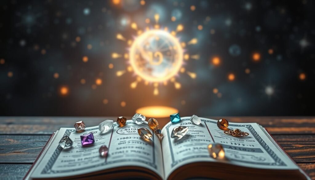 A mystical and enchanting scene depicting numerology and birth date influence on lucky numbers. In the foreground, a beautifully styled open book lies on a wooden table, adorned with shimmering crystals and gemstones that represent various lucky numbers. The pages of the book feature elegant illustrations of astrological symbols and numerological calculations. In the middle ground, a glowing celestial sphere symbolizes the connection between birth dates and personal numbers, radiating soft, ethereal light. The background is a softly blurred cosmic landscape, filled with stars and constellations, enhancing the sense of wonder. The overall mood is serene and introspective, with warm, inviting lighting that creates an aura of enlightenment and exploration. Use a soft focus lens for a dreamy quality, capturing the essence of discovery in numerology without any text or distractions.