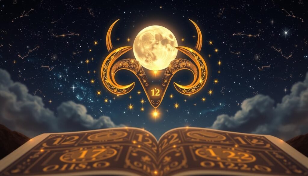 A mystical and enchanting scene illustrating the concept of Taurus lucky numbers. In the foreground, a gracefully designed astrological chart featuring prominent numbers like 2, 7, and 12, beautifully adorned with celestial symbols. The middle layer showcases serene golden Taurus bull horns symbolizing strength and stability, intertwined with sparkling stars and constellations. In the background, a picturesque night sky filled with twinkling stars and a full moon casts a soft glow on the scene, enhancing the mystical atmosphere. The lighting is warm and inviting, creating a sense of calm and hope. The angle is slightly elevated to provide a comprehensive view of the chart while maintaining focus on the Taurus symbols, inviting viewers into the world of astrology and lucky numbers.