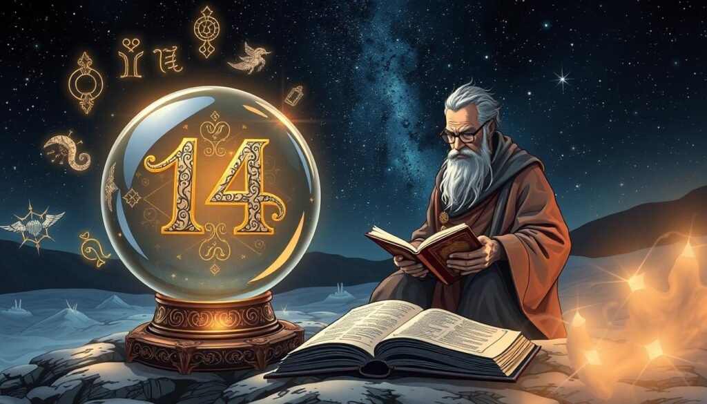 A mystical and enchanting scene illustrating the concept of the number 14 in numerology. In the foreground, a large, ornate crystal ball glows softly, casting light on a beautifully illustrated number 14, adorned with intricate gold and silver patterns. Surrounding the crystal ball are shimmering zodiac symbols and numerological glyphs floating gently. In the middle ground, a wise, elderly sage dressed in modest, flowing robes looks thoughtfully at an ancient book of numerology, with its pages open to the significance of 14. In the background, a dreamlike landscape features a starry night sky with twinkling stars, creating a serene atmosphere. The lighting is warm and ethereal, emphasizing the mystical essence of the number 14. The overall mood is contemplative and magical, inviting viewers to explore the divine meaning of this intriguing number. A mystical and enchanting scene illustrating the concept of the number 14 in numerology. In the foreground, a large, ornate crystal ball glows softly, casting light on a beautifully illustrated number 14, adorned with intricate gold and silver patterns. Surrounding the crystal ball are shimmering zodiac symbols and numerological glyphs floating gently. In the middle ground, a wise, elderly sage dressed in modest, flowing robes looks thoughtfully at an ancient book of numerology, with its pages open to the significance of 14. In the background, a dreamlike landscape features a starry night sky with twinkling stars, creating a serene atmosphere. The lighting is warm and ethereal, emphasizing the mystical essence of the number 14. The overall mood is contemplative and magical, inviting viewers to explore the divine meaning of this intriguing number.