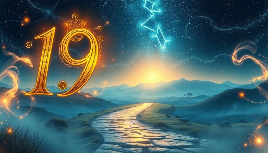 A mystical and enchanting scene illustrating the number 19 as a symbol of luck and energy. In the foreground, a large, ornate golden number "19" radiates a warm, inviting glow, surrounded by ethereal wisps of energy in hues of deep blue and shimmering gold. The middle ground features a serene landscape, with a softly illuminated pathway leading towards a distant, tranquil mountain range, signifying a journey of fortune and discovery. The background showcases a starry night sky filled with twinkling constellations and subtle celestial motifs related to numerology. The lighting is soft and ethereal, enhancing the overall mood of positivity and exploration. The angle is slightly elevated, providing a panoramic view of the scene, inviting viewers to reflect on the meaning and energy of the number 19. A mystical and enchanting scene illustrating the number 19 as a symbol of luck and energy. In the foreground, a large, ornate golden number "19" radiates a warm, inviting glow, surrounded by ethereal wisps of energy in hues of deep blue and shimmering gold. The middle ground features a serene landscape, with a softly illuminated pathway leading towards a distant, tranquil mountain range, signifying a journey of fortune and discovery. The background showcases a starry night sky filled with twinkling constellations and subtle celestial motifs related to numerology. The lighting is soft and ethereal, enhancing the overall mood of positivity and exploration. The angle is slightly elevated, providing a panoramic view of the scene, inviting viewers to reflect on the meaning and energy of the number 19.