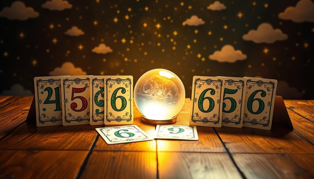 A mystical and engaging depiction of various lucky numbers, prominently featuring the number 6, intricately illustrated to represent their meanings. In the foreground, a vintage wooden table displays elegantly designed cards with each number adorned with symbols such as four-leaf clovers, horseshoes, and stars, signifying luck. The middle ground features a soft glow emanating from a crystal ball, casting delightful reflections and shadows that enhance the aura of fortune. The background is a lush, dreamy tapestry of celestial elements—small twinkling stars and gentle clouds—to create a whimsical atmosphere. Warm, golden lighting bathes the scene, evoking a sense of optimism and intrigue, as if inviting viewers to explore the significance of these lucky numbers. The perspective is slightly angled, capturing the enchanting details of the setup without any text or distractions. A mystical and engaging depiction of various lucky numbers, prominently featuring the number 6, intricately illustrated to represent their meanings. In the foreground, a vintage wooden table displays elegantly designed cards with each number adorned with symbols such as four-leaf clovers, horseshoes, and stars, signifying luck. The middle ground features a soft glow emanating from a crystal ball, casting delightful reflections and shadows that enhance the aura of fortune. The background is a lush, dreamy tapestry of celestial elements—small twinkling stars and gentle clouds—to create a whimsical atmosphere. Warm, golden lighting bathes the scene, evoking a sense of optimism and intrigue, as if inviting viewers to explore the significance of these lucky numbers. The perspective is slightly angled, capturing the enchanting details of the setup without any text or distractions.