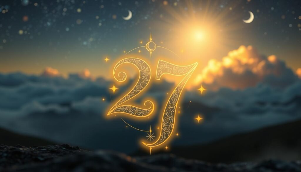 A mystical and ethereal representation of the number 27, focusing on its significance in numerology. In the foreground, the number "27" is artistically designed with intricate celestial patterns, glowing softly with a golden hue. Surrounding the number, symbols like stars and moons hint at spiritual connections. The middle ground features a serene landscape of a tranquil night sky filled with twinkling stars, slightly blurred to emphasize the foreground. The background showcases ethereal clouds illuminated by a gentle light, suggesting a sense of enlightenment and mystery. The atmosphere is calm and reflective, evoking a sense of wonder and spiritual depth. Use soft, ambient lighting with a warm color palette to enhance the dreamlike quality, shot from a slightly elevated angle to capture the overall composition harmoniously. A mystical and ethereal representation of the number 27, focusing on its significance in numerology. In the foreground, the number "27" is artistically designed with intricate celestial patterns, glowing softly with a golden hue. Surrounding the number, symbols like stars and moons hint at spiritual connections. The middle ground features a serene landscape of a tranquil night sky filled with twinkling stars, slightly blurred to emphasize the foreground. The background showcases ethereal clouds illuminated by a gentle light, suggesting a sense of enlightenment and mystery. The atmosphere is calm and reflective, evoking a sense of wonder and spiritual depth. Use soft, ambient lighting with a warm color palette to enhance the dreamlike quality, shot from a slightly elevated angle to capture the overall composition harmoniously.