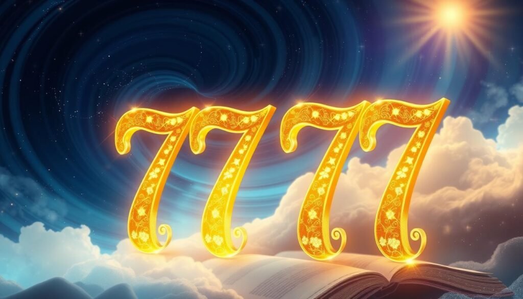 A mystical and ethereal setting showcasing the concept of numerology focused on the angel number 777. In the foreground, three large, luminous digits '7' made of shimmering gold, intricately adorned with delicate cosmic patterns and subtle gemstones, radiate a soft glow. The middle ground features a swirling, celestial background filled with deep blues and soft purples, reminiscent of a starry night sky, sprinkled with glittering stars and faint constellations. In the background, gentle wisps of clouds float, partially illuminated by a soft, mystical light, suggesting a divine presence. The overall atmosphere is serene and enchanting, conveying a sense of power and spiritual significance, ideal for exploring the deeper meaning behind the number 777. The lighting is warm and inviting, casting gentle shadows that enhance the mystical quality. A mystical and ethereal setting showcasing the concept of numerology focused on the angel number 777. In the foreground, three large, luminous digits '7' made of shimmering gold, intricately adorned with delicate cosmic patterns and subtle gemstones, radiate a soft glow. The middle ground features a swirling, celestial background filled with deep blues and soft purples, reminiscent of a starry night sky, sprinkled with glittering stars and faint constellations. In the background, gentle wisps of clouds float, partially illuminated by a soft, mystical light, suggesting a divine presence. The overall atmosphere is serene and enchanting, conveying a sense of power and spiritual significance, ideal for exploring the deeper meaning behind the number 777. The lighting is warm and inviting, casting gentle shadows that enhance the mystical quality.