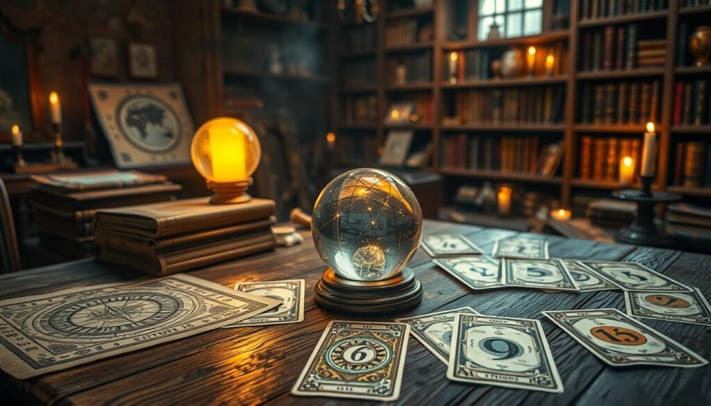 A mystical and serene depiction of "Lucky Numbers" and their historical significance in numerology. In the foreground, an ancient wooden table adorned with numerology charts, vintage books, and a crystal ball glowing softly with a golden light. The middle ground features intricately designed tarot cards scattered harmoniously, each card displaying symbolic representations of numbers. In the background, a dimly lit room filled with antique artifacts, shelves lined with books about numerology, and flickering candles casting warm shadows. The atmosphere is tranquil and introspective, inviting viewers to explore the deeper meanings of numbers. Soft, ambient lighting creates an ethereal glow, enhancing the sense of mystery and wisdom associated with lucky numbers. A shallow depth of field focuses on the foreground elements while blurring the background gently, creating a sense of depth.