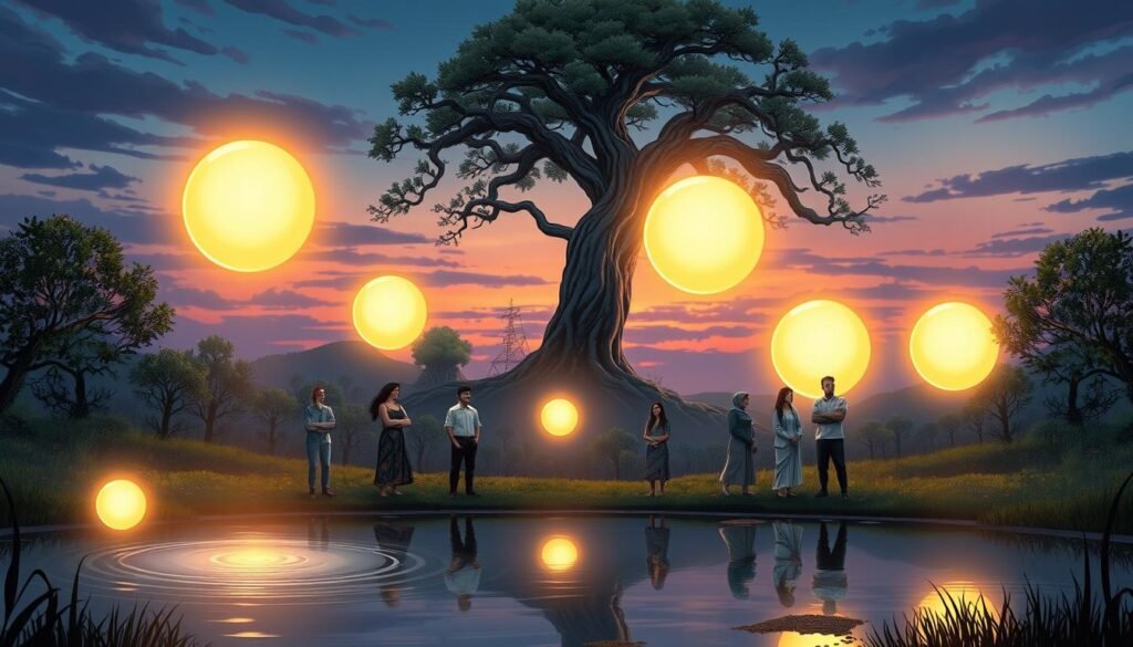 A mystical and serene landscape depicting the spiritual and religious significance of the number seven. In the foreground, seven glowing orbs of light are gently floating above a tranquil pond, each orb representing a different cultural significance of the number seven, such as peace, harmony, and enlightenment. The middle ground features a diverse group of people in modest casual clothing, standing in contemplation, each gazing thoughtfully at the orbs. In the background, an ancient tree symbolizing wisdom rises majestically against a twilight sky painted with hues of deep blue and soft purple. The lighting is ethereal, casting a warm glow on the scene, creating an atmosphere of deep reflection and reverence. The overall mood invites contemplation and a sense of spiritual connection. A mystical and serene landscape depicting the spiritual and religious significance of the number seven. In the foreground, seven glowing orbs of light are gently floating above a tranquil pond, each orb representing a different cultural significance of the number seven, such as peace, harmony, and enlightenment. The middle ground features a diverse group of people in modest casual clothing, standing in contemplation, each gazing thoughtfully at the orbs. In the background, an ancient tree symbolizing wisdom rises majestically against a twilight sky painted with hues of deep blue and soft purple. The lighting is ethereal, casting a warm glow on the scene, creating an atmosphere of deep reflection and reverence. The overall mood invites contemplation and a sense of spiritual connection.