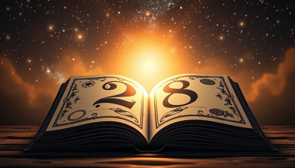 A mystical and serene scene illustrating the essence of name numerology surrounding the number 28. In the foreground, a beautifully stylized, open ancient book displays the number 28 in ornate lettering, surrounded by symbols representing various aspects of numerology—stars, circles, and nature elements. In the middle, a soft, glowing orb emanates from the book, casting warm light on a backdrop of a dreamy night sky filled with twinkling stars and subtle constellations. The atmosphere conveys a sense of discovery and enlightenment, inviting viewers to ponder the meaning of their names and the significance of the number 28. The scene is captured with a warm color palette, utilizing a soft focus lens to create an ethereal quality, emphasizing the connection between numbers and personal destiny. A mystical and serene scene illustrating the essence of name numerology surrounding the number 28. In the foreground, a beautifully stylized, open ancient book displays the number 28 in ornate lettering, surrounded by symbols representing various aspects of numerology—stars, circles, and nature elements. In the middle, a soft, glowing orb emanates from the book, casting warm light on a backdrop of a dreamy night sky filled with twinkling stars and subtle constellations. The atmosphere conveys a sense of discovery and enlightenment, inviting viewers to ponder the meaning of their names and the significance of the number 28. The scene is captured with a warm color palette, utilizing a soft focus lens to create an ethereal quality, emphasizing the connection between numbers and personal destiny.
