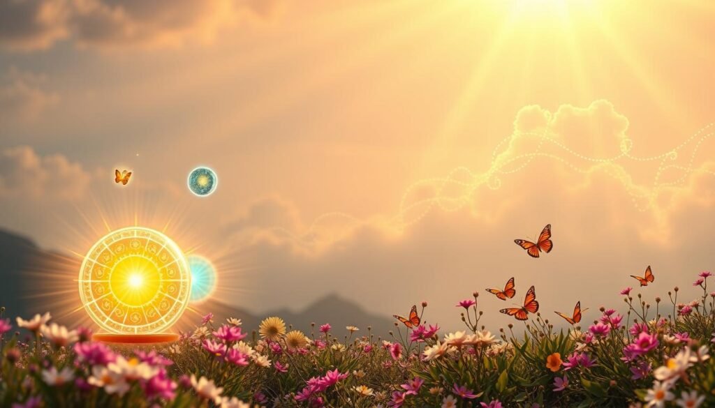 A mystical and serene scene symbolizing the meaning of the number 3 in numerology. In the foreground, three radiant spheres representing creativity, communication, and joy, glowing with vibrant colors like turquoise, gold, and magenta. Each sphere is surrounded by delicate, swirling motifs that symbolize potential and inspiration. In the middle ground, a soft, luminous aura emanates from the spheres, casting gentle light on a tranquil landscape featuring blossoming flowers and butterflies, conveying a sense of life and energy. The background features ethereal clouds illuminated by a warm golden light, enhancing the divine and uplifting atmosphere. Capture this scene with a soft focus lens to emphasize the magical qualities while maintaining clarity, creating a peaceful and inviting mood throughout the image. A mystical and serene scene symbolizing the meaning of the number 3 in numerology. In the foreground, three radiant spheres representing creativity, communication, and joy, glowing with vibrant colors like turquoise, gold, and magenta. Each sphere is surrounded by delicate, swirling motifs that symbolize potential and inspiration. In the middle ground, a soft, luminous aura emanates from the spheres, casting gentle light on a tranquil landscape featuring blossoming flowers and butterflies, conveying a sense of life and energy. The background features ethereal clouds illuminated by a warm golden light, enhancing the divine and uplifting atmosphere. Capture this scene with a soft focus lens to emphasize the magical qualities while maintaining clarity, creating a peaceful and inviting mood throughout the image.
