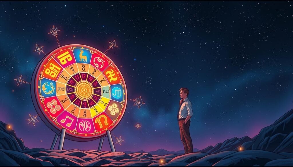 A mystical and visually captivating scene illustrating "Lucky Number Astrology." In the foreground, a glowing astrological wheel filled with vibrant colors representing different zodiac signs and their corresponding lucky numbers. Surrounding the wheel, delicate constellation patterns twinkle softly, enhancing the celestial theme. In the middle ground, a serene figure dressed in modest, professional attire gazes thoughtfully at the wheel, symbolizing introspection and discovery. The background features a starry night sky, with hues of deep blue and hints of violet, creating a tranquil atmosphere. Soft, ethereal lighting casts gentle glows on the wheel and figure, evoking a sense of wonder and enlightenment. The perspective is slightly elevated, allowing viewers to feel as though they are peering into a world of astrological mystery. A mystical and visually captivating scene illustrating "Lucky Number Astrology." In the foreground, a glowing astrological wheel filled with vibrant colors representing different zodiac signs and their corresponding lucky numbers. Surrounding the wheel, delicate constellation patterns twinkle softly, enhancing the celestial theme. In the middle ground, a serene figure dressed in modest, professional attire gazes thoughtfully at the wheel, symbolizing introspection and discovery. The background features a starry night sky, with hues of deep blue and hints of violet, creating a tranquil atmosphere. Soft, ethereal lighting casts gentle glows on the wheel and figure, evoking a sense of wonder and enlightenment. The perspective is slightly elevated, allowing viewers to feel as though they are peering into a world of astrological mystery.