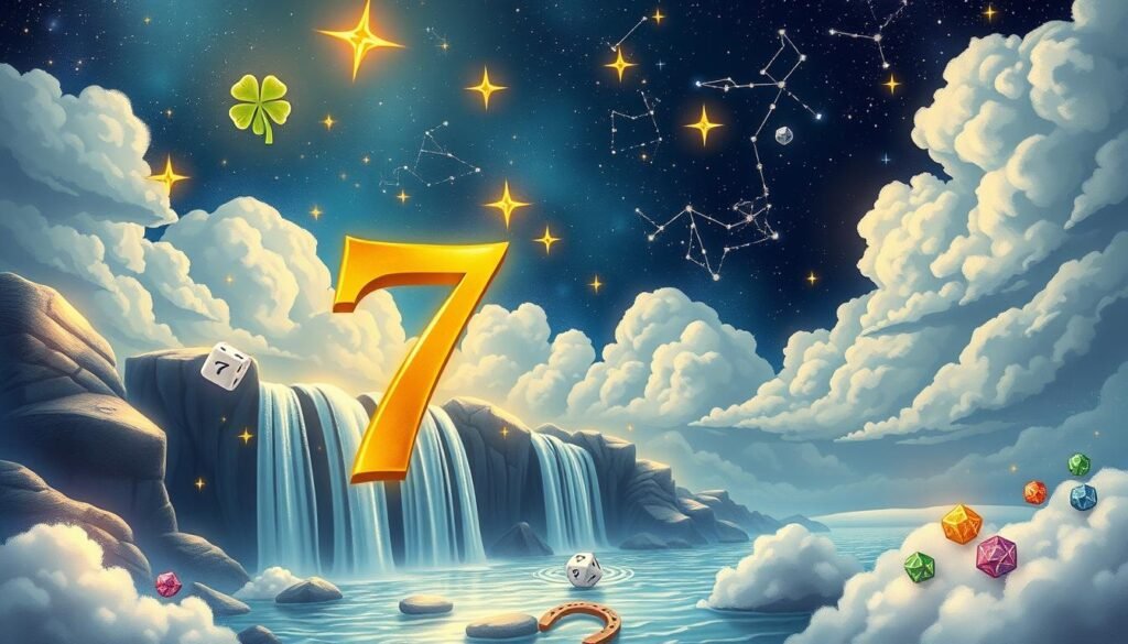 A mystical illustration capturing the essence of the number seven, featuring a prominent golden number 7 at the forefront, surrounded by shimmering stars and symbols of luck, like a four-leaf clover and horseshoe. The middle ground showcases an abstract representation of different cultures and beliefs associated with the number seven, such as a serene waterfall with seven cascading streams, a traditional dice showing a seven, and seven colorful gemstones. In the background, a dreamy night sky filled with clouds and constellations reflecting the significance of seven in astronomy and mythology. Soft, ethereal lighting bathes the scene in a magical glow, creating an atmosphere of wonder and curiosity, inviting viewers to explore the depth of what makes seven so special. The angle captures the scene from a slightly elevated perspective, enhancing the enchanting aura. A mystical illustration capturing the essence of the number seven, featuring a prominent golden number 7 at the forefront, surrounded by shimmering stars and symbols of luck, like a four-leaf clover and horseshoe. The middle ground showcases an abstract representation of different cultures and beliefs associated with the number seven, such as a serene waterfall with seven cascading streams, a traditional dice showing a seven, and seven colorful gemstones. In the background, a dreamy night sky filled with clouds and constellations reflecting the significance of seven in astronomy and mythology. Soft, ethereal lighting bathes the scene in a magical glow, creating an atmosphere of wonder and curiosity, inviting viewers to explore the depth of what makes seven so special. The angle captures the scene from a slightly elevated perspective, enhancing the enchanting aura.
