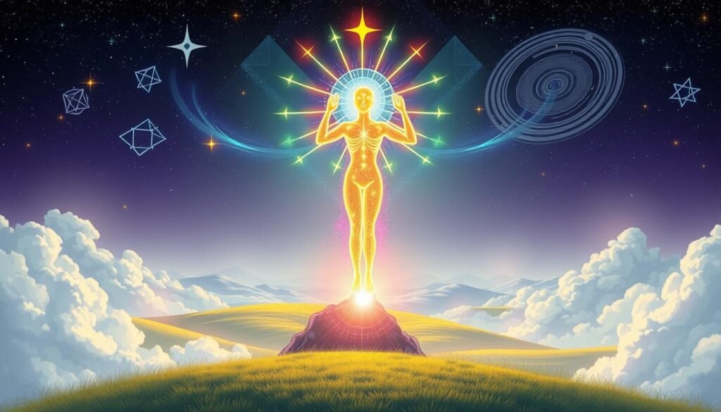 A mystical interpretation of the number 33, depicted as a vibrant, glowing figure made of light, radiating various colors to symbolize its significance as a Master Number in numerology. In the foreground, the illuminated figure elegantly embodies harmony and spiritual energy, surrounded by symbolic elements like stars, geometric shapes, and soft waves that represent creativity and intuition. The middle-ground features swirling clouds and subtle light rays that enhance the sense of ethereal beauty. In the background, a serene landscape with rolling hills and a starlit sky creates a peaceful, inspiring atmosphere. Soft lighting highlights the vibrant colors, while a wide-angle perspective captures the majestic aura of the scene, evoking a sense of wonder and deep understanding. A mystical interpretation of the number 33, depicted as a vibrant, glowing figure made of light, radiating various colors to symbolize its significance as a Master Number in numerology. In the foreground, the illuminated figure elegantly embodies harmony and spiritual energy, surrounded by symbolic elements like stars, geometric shapes, and soft waves that represent creativity and intuition. The middle-ground features swirling clouds and subtle light rays that enhance the sense of ethereal beauty. In the background, a serene landscape with rolling hills and a starlit sky creates a peaceful, inspiring atmosphere. Soft lighting highlights the vibrant colors, while a wide-angle perspective captures the majestic aura of the scene, evoking a sense of wonder and deep understanding.