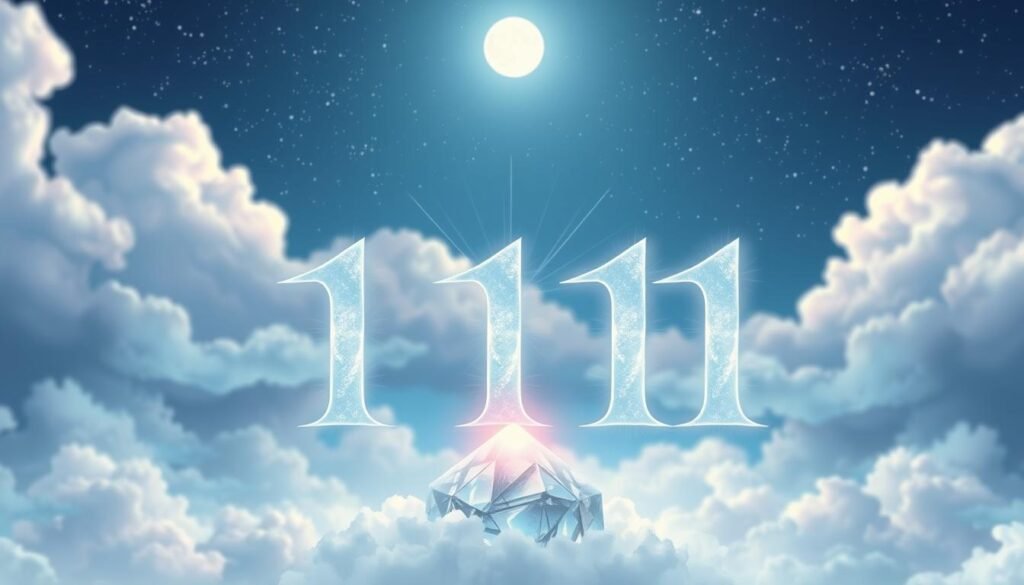 A mystical representation of the concept of "angel numbers," specifically focusing on the number 1111. In the foreground, elegantly designed numeric figures '1111' made of ethereal light or radiant energy, hovering gently above a softly glowing crystal. In the middle ground, a serene, dreamlike landscape with soft clouds and a starry night sky, illuminated by a full moon casting a gentle glow. In the background, faint pastel hues of blue and purple creating an otherworldly atmosphere. Use soft, diffused lighting to evoke a sense of calm and wonder, with a slight bokeh effect to enhance the dreamlike quality. The mood should feel hopeful and uplifting, inviting the viewer to explore the deeper significance behind the number 1111. A mystical representation of the concept of "angel numbers," specifically focusing on the number 1111. In the foreground, elegantly designed numeric figures '1111' made of ethereal light or radiant energy, hovering gently above a softly glowing crystal. In the middle ground, a serene, dreamlike landscape with soft clouds and a starry night sky, illuminated by a full moon casting a gentle glow. In the background, faint pastel hues of blue and purple creating an otherworldly atmosphere. Use soft, diffused lighting to evoke a sense of calm and wonder, with a slight bokeh effect to enhance the dreamlike quality. The mood should feel hopeful and uplifting, inviting the viewer to explore the deeper significance behind the number 1111.