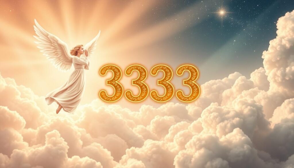 A mystical scene depicting the concept of angel numbers, focusing on the number 333. In the foreground, an ethereal angel with soft, glowing wings floats gracefully, surrounded by a shimmering light. The angel is adorned in elegant, flowing white robes, exuding a sense of peace and tranquility. In the middle, the number 333 appears in bold, luminescent gold with intricate patterns, symbolizing its significance. The background features a celestial landscape filled with softly swirling clouds and twinkling stars, creating a dreamlike atmosphere. Gentle beams of soft, ethereal light pierce through the clouds, enhancing the sense of serenity and wonder. The entire image is bathed in a warm, inviting glow, evoking curiosity and inspiration about the meaning of angel numbers and their importance. A mystical scene depicting the concept of angel numbers, focusing on the number 333. In the foreground, an ethereal angel with soft, glowing wings floats gracefully, surrounded by a shimmering light. The angel is adorned in elegant, flowing white robes, exuding a sense of peace and tranquility. In the middle, the number 333 appears in bold, luminescent gold with intricate patterns, symbolizing its significance. The background features a celestial landscape filled with softly swirling clouds and twinkling stars, creating a dreamlike atmosphere. Gentle beams of soft, ethereal light pierce through the clouds, enhancing the sense of serenity and wonder. The entire image is bathed in a warm, inviting glow, evoking curiosity and inspiration about the meaning of angel numbers and their importance.