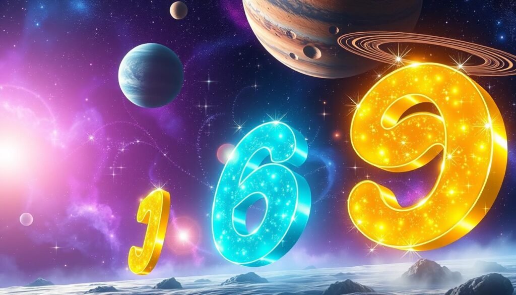 A mystical scene depicting the interaction between celestial planets and lucky numbers, with the foreground showcasing large, radiant numbers glowing in vibrant colors like emerald green, royal blue, and sunlit yellow. Each number is encircled by ethereal planetary elements, shimmering with stardust and planetary rings. The middle ground features a cosmic backdrop filled with nebulae, twinkling stars, and softly glowing planets in hues of violet and deep indigo. Light cascades gently from the upper left, creating a dreamlike atmosphere, with subtle lens flares highlighting the numbers’ contours. The angle is slightly elevated, giving a panoramic view of the celestial arrangement, evoking a sense of wonder and celestial energy, perfectly embodying the theme of cosmic luck and fortune.