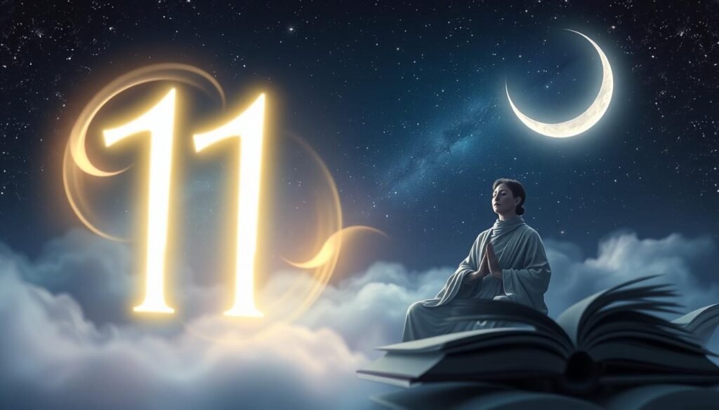 A mystical scene depicting the spiritual meaning of the number 11. In the foreground, a glowing, ethereal number 11 made of light, surrounded by soft, swirling mist. In the middle ground, a serene figure in modest spiritual attire, meditating with hands in a prayer position, emanating a gentle aura. A backdrop of a starry night sky filled with twinkling stars and a luminous crescent moon, casting soft, silver light. The color palette should include deep blues, purples, and hints of gold. The atmosphere is tranquil and contemplative, evoking feelings of enlightenment and connection to the universe. The image should be captured with a soft focus lens, creating a dreamlike quality, with a slight bokeh effect enhancing the sense of depth and spirituality. A mystical scene depicting the spiritual meaning of the number 11. In the foreground, a glowing, ethereal number 11 made of light, surrounded by soft, swirling mist. In the middle ground, a serene figure in modest spiritual attire, meditating with hands in a prayer position, emanating a gentle aura. A backdrop of a starry night sky filled with twinkling stars and a luminous crescent moon, casting soft, silver light. The color palette should include deep blues, purples, and hints of gold. The atmosphere is tranquil and contemplative, evoking feelings of enlightenment and connection to the universe. The image should be captured with a soft focus lens, creating a dreamlike quality, with a slight bokeh effect enhancing the sense of depth and spirituality.