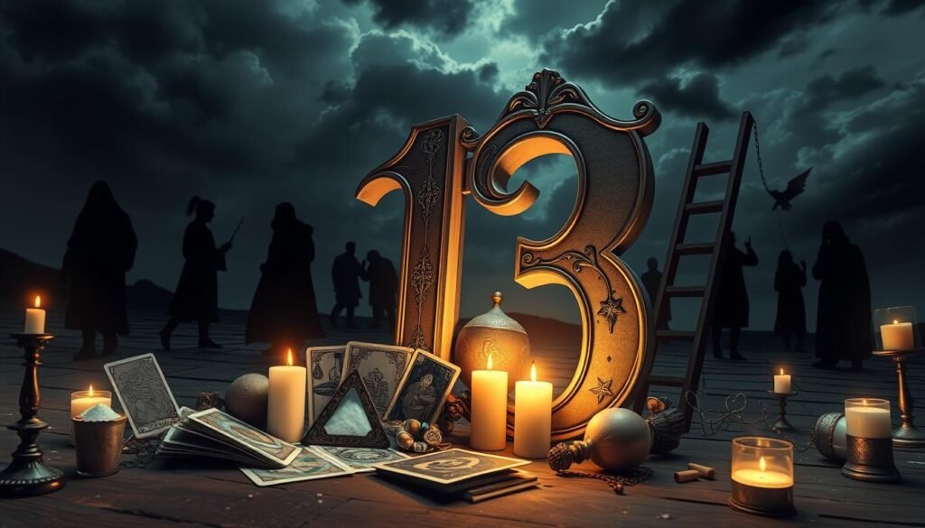 A mystical scene featuring the number 13 at its center, surrounded by various cultural symbols of superstitions and traditions. In the foreground, a large, ornate number 13 is illuminated by soft candlelight, with tarot cards and trinkets like a broken mirror and a ladder leaning against it. The middle background showcases shadowy figures representing different cultures, each performing rituals like tossing salt or avoiding cracks in the pavement. The distant background features a dark, stormy sky, hinting at the ominous perception of the number. The atmosphere is eerie yet captivating, with an ethereal glow emanating from the numeral. A shallow depth of field and a wide-angle lens enhance the drama, framing the scene with a sense of anticipation and mystery. A mystical scene featuring the number 13 at its center, surrounded by various cultural symbols of superstitions and traditions. In the foreground, a large, ornate number 13 is illuminated by soft candlelight, with tarot cards and trinkets like a broken mirror and a ladder leaning against it. The middle background showcases shadowy figures representing different cultures, each performing rituals like tossing salt or avoiding cracks in the pavement. The distant background features a dark, stormy sky, hinting at the ominous perception of the number. The atmosphere is eerie yet captivating, with an ethereal glow emanating from the numeral. A shallow depth of field and a wide-angle lens enhance the drama, framing the scene with a sense of anticipation and mystery.