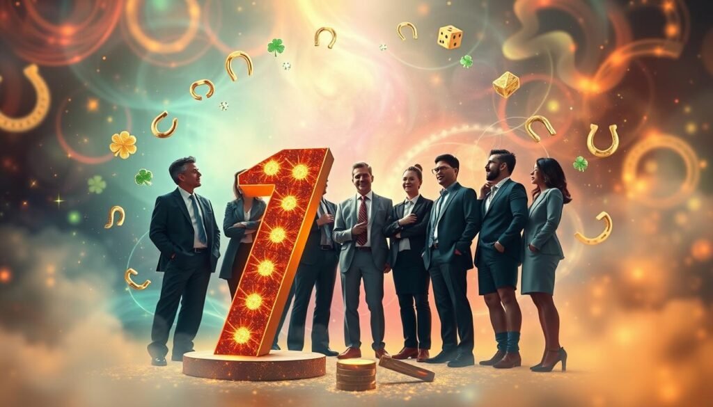 A mystical scene featuring the number 17, artistically rendered in a vibrant, glowing style, sits prominently in the foreground, surrounded by a circle of shimmering lucky charms like four-leaf clovers, horseshoes, and dice. In the middle ground, a diverse group of people, dressed in professional business attire, thoughtfully discuss the significance of lucky numbers, their expressions conveying curiosity and excitement. The background features a softly lit, abstract dreamscape with swirling colors that evoke a sense of wonder and magic, enhancing the theme of luck. The overall atmosphere is enchanting and uplifting, with warm lighting creating an inviting, contemplative mood. The camera angle captures both the foreground number and the group engaging in the discussion, suggesting a connection between the symbol and their conversation. A mystical scene featuring the number 17, artistically rendered in a vibrant, glowing style, sits prominently in the foreground, surrounded by a circle of shimmering lucky charms like four-leaf clovers, horseshoes, and dice. In the middle ground, a diverse group of people, dressed in professional business attire, thoughtfully discuss the significance of lucky numbers, their expressions conveying curiosity and excitement. The background features a softly lit, abstract dreamscape with swirling colors that evoke a sense of wonder and magic, enhancing the theme of luck. The overall atmosphere is enchanting and uplifting, with warm lighting creating an inviting, contemplative mood. The camera angle captures both the foreground number and the group engaging in the discussion, suggesting a connection between the symbol and their conversation.