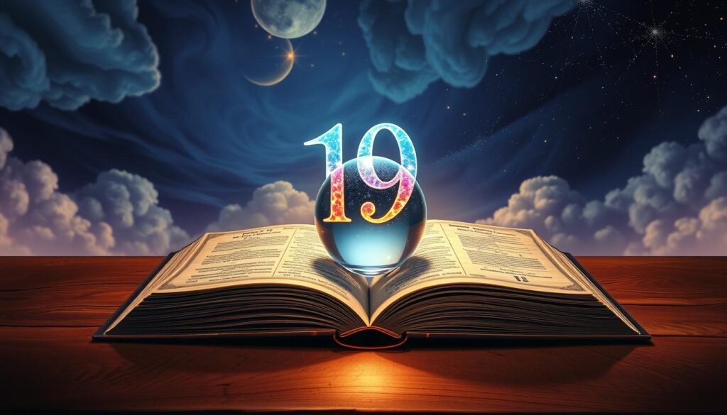 A mystical scene featuring the number 19, elegantly stylized in a celestial sky filled with soft, swirling clouds in shades of blue and purple. In the foreground, an open ancient book lies on a richly textured wooden table, its pages illuminated by warm, golden light, revealing intricate numerological symbols and calculations. In the middle, a crystal ball sits beside the book, reflecting the number 19 shimmering in a kaleidoscope of colors, symbolizing fortune and destiny. The background showcases a starry night sky with twinkling stars, hinting at cosmic influences. The overall mood is serene and contemplative, inviting the viewer to ponder the significance of the number 19 in numerology. The lighting is soft and atmospheric, creating an enchanted, introspective ambiance. A mystical scene featuring the number 19, elegantly stylized in a celestial sky filled with soft, swirling clouds in shades of blue and purple. In the foreground, an open ancient book lies on a richly textured wooden table, its pages illuminated by warm, golden light, revealing intricate numerological symbols and calculations. In the middle, a crystal ball sits beside the book, reflecting the number 19 shimmering in a kaleidoscope of colors, symbolizing fortune and destiny. The background showcases a starry night sky with twinkling stars, hinting at cosmic influences. The overall mood is serene and contemplative, inviting the viewer to ponder the significance of the number 19 in numerology. The lighting is soft and atmospheric, creating an enchanted, introspective ambiance.