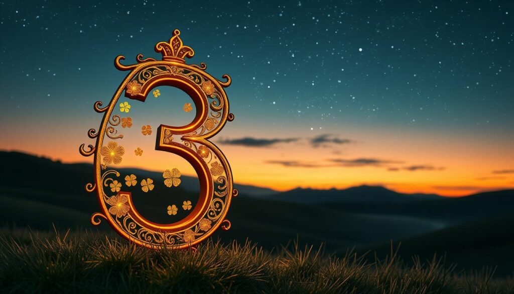 A mystical scene focused on the number 3, artistically rendered as a glowing, oversized numeral in the foreground, ornate and shimmering with golden accents. The middle layer features abstract symbols and motifs associated with luck, such as four-leaf clovers and horseshoes, subtly integrated around the number. The background presents a serene landscape at twilight, with a starry sky and gentle hills, conveying a sense of magic and wonder. Soft, ethereal lighting bathes the scene, enhancing the glow of the number 3 while casting delicate shadows. The mood is contemplative and enchanting, inviting viewers to ponder the significance of this special number. Capture this moment with a wide-angle lens to add depth and make the number 3 the focal point of the image.