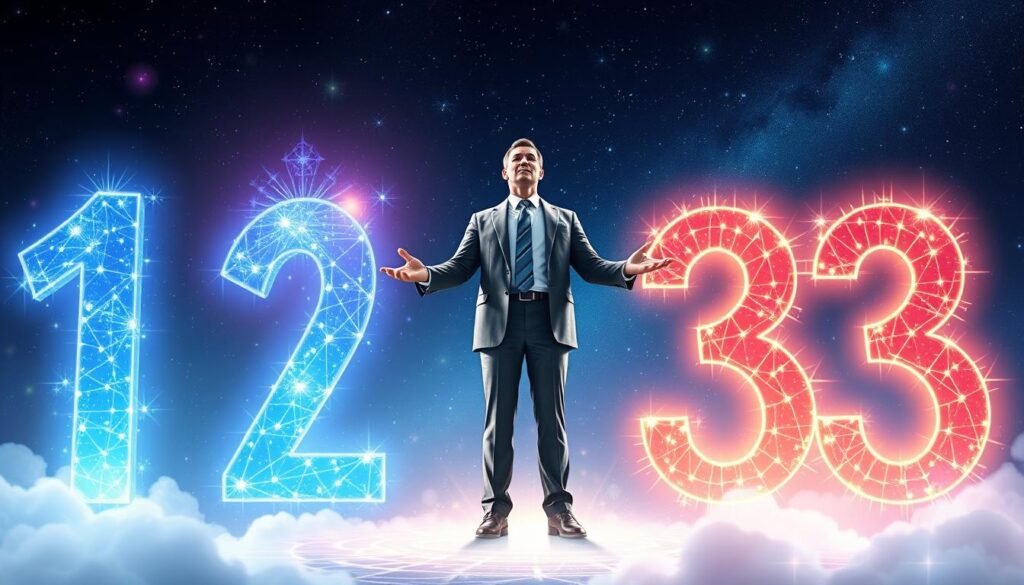 A mystical scene illustrating the concept of Master Numbers in numerology, prominently featuring the numbers 11, 22, and 33 glowing with an ethereal light in the foreground. In the middle, a serene, wise figure dressed in professional business attire stands with outstretched hands, harnessing the unique powers of these numbers, surrounded by colorful energy fields. In the background, a starry night sky filled with twinkling stars and celestial motifs suggests cosmic influence and depth. The atmosphere is enchanting and contemplative, with soft, diffused lighting emphasizing the divine essence of these numbers. Use a slightly upward angle to symbolize aspiration and higher knowledge, creating a sense of wonder and intrigue. A mystical scene illustrating the concept of Master Numbers in numerology, prominently featuring the numbers 11, 22, and 33 glowing with an ethereal light in the foreground. In the middle, a serene, wise figure dressed in professional business attire stands with outstretched hands, harnessing the unique powers of these numbers, surrounded by colorful energy fields. In the background, a starry night sky filled with twinkling stars and celestial motifs suggests cosmic influence and depth. The atmosphere is enchanting and contemplative, with soft, diffused lighting emphasizing the divine essence of these numbers. Use a slightly upward angle to symbolize aspiration and higher knowledge, creating a sense of wonder and intrigue.