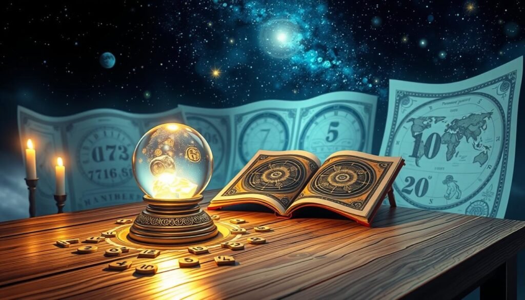 A mystical scene illustrating the concept of lucky numbers and numerology. In the foreground, a beautifully designed wooden table displays an ornate crystal ball, surrounded by various number symbols softly glowing in golden hues. In the middle ground, intricate numerology charts and mystical symbols unfurl, hinting at the deeper meanings of numbers. The background features an ethereal, starry night sky illuminated with celestial bodies, creating a sense of wonder. Soft, diffused lighting casts gentle shadows, enhancing the enchanting atmosphere. The composition is shot from a slightly elevated angle to capture the depth and layers of the scene, evoking a feeling of curiosity and exploration into the world of numbers.