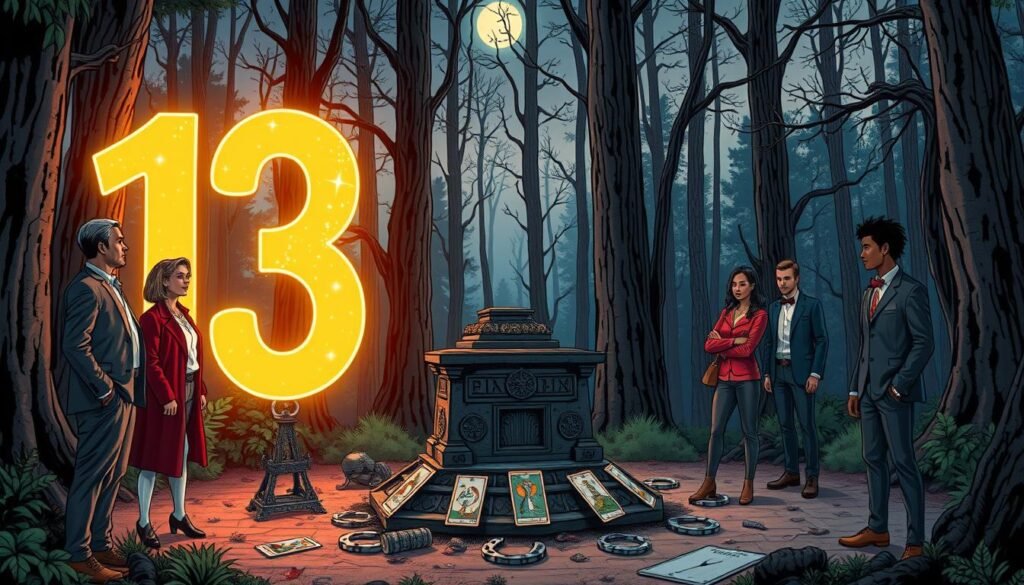 A mystical scene immersed in the allure of the number 13, set in an enchanting forest at twilight. In the foreground, a group of seven diverse individuals of various ethnicities, dressed in stylish yet professional attire, intently studies a glowing, oversized number 13 that pulses with a soft, ethereal light. The middle ground features an ancient stone pedestal adorned with symbols representing luck and fate, surrounded by curiosities like tarot cards and horseshoes. In the background, tall, atmospheric trees intertwine with twinkling stars, creating a magical ambiance. The scene is illuminated by a gentle moonlight, casting soft shadows and lending a surreal, contemplative mood, inviting exploration of the significance and mystery surrounding the number 13. A mystical scene immersed in the allure of the number 13, set in an enchanting forest at twilight. In the foreground, a group of seven diverse individuals of various ethnicities, dressed in stylish yet professional attire, intently studies a glowing, oversized number 13 that pulses with a soft, ethereal light. The middle ground features an ancient stone pedestal adorned with symbols representing luck and fate, surrounded by curiosities like tarot cards and horseshoes. In the background, tall, atmospheric trees intertwine with twinkling stars, creating a magical ambiance. The scene is illuminated by a gentle moonlight, casting soft shadows and lending a surreal, contemplative mood, inviting exploration of the significance and mystery surrounding the number 13.