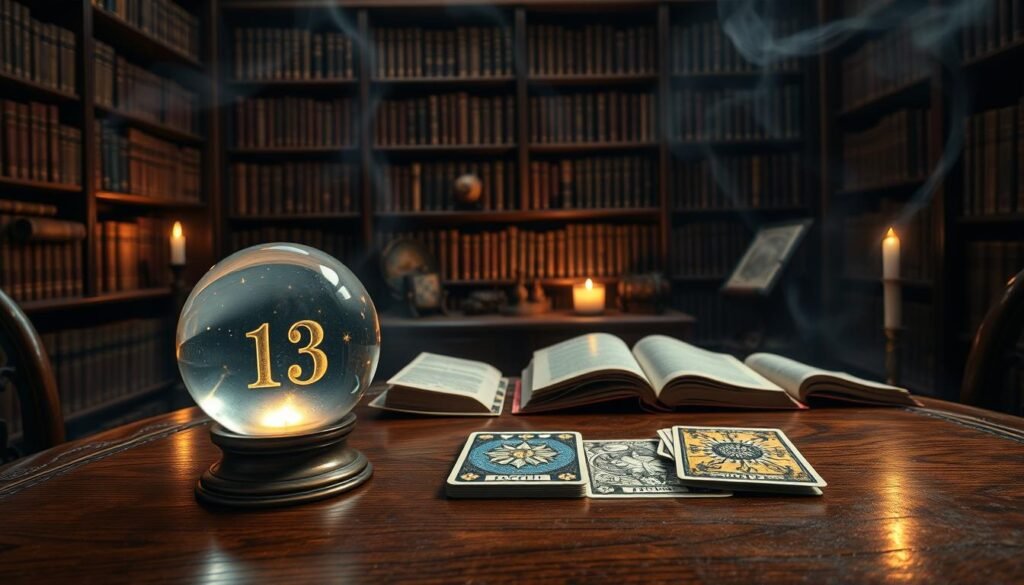 A mystical scene representing the curious reputation of the number 13. In the foreground, an elegant wooden table featuring a glowing crystal ball and a deck of tarot cards, with the number 13 prominently displayed on a card. In the middle ground, a dark, atmospheric library filled with ancient books, some opened to pages about numerology and superstitions. The background should have shelves lined with intriguing artifacts and a softly flickering candle providing warm, inviting light. A faint mist curls around the scene, enhancing the air of mystery. Use a wide-angle lens to capture the depth of the library and focus on the foreground elements. The overall mood should be enchanting yet slightly eerie, evoking curiosity about the number 13. A mystical scene representing the curious reputation of the number 13. In the foreground, an elegant wooden table featuring a glowing crystal ball and a deck of tarot cards, with the number 13 prominently displayed on a card. In the middle ground, a dark, atmospheric library filled with ancient books, some opened to pages about numerology and superstitions. The background should have shelves lined with intriguing artifacts and a softly flickering candle providing warm, inviting light. A faint mist curls around the scene, enhancing the air of mystery. Use a wide-angle lens to capture the depth of the library and focus on the foreground elements. The overall mood should be enchanting yet slightly eerie, evoking curiosity about the number 13.
