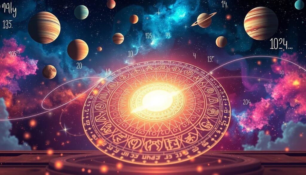 A mystical scene showcasing the influence of celestial bodies on numbers, with a vibrant cosmic background featuring planets in various colors and sizes arranged in a harmonious orbit. In the foreground, a luminous astrological chart displays intricate symbols and patterns, radiating energy that connects to the planets above. Soft starfield twinkles can be seen, creating a sense of wonder and exploration. The middle ground showcases ethereal light trails that weave through and around the planets, symbolizing their energy impacting lucky numbers. Use a warm and inviting color palette to convey a positive atmosphere, with gentle soft lighting to enhance the celestial feel. The perspective should be slightly tilted, giving an immersive view of the planetary alignment and its interaction with the astrological chart, evoking a sense of connection between the cosmos and personal destiny. A mystical scene showcasing the influence of celestial bodies on numbers, with a vibrant cosmic background featuring planets in various colors and sizes arranged in a harmonious orbit. In the foreground, a luminous astrological chart displays intricate symbols and patterns, radiating energy that connects to the planets above. Soft starfield twinkles can be seen, creating a sense of wonder and exploration. The middle ground showcases ethereal light trails that weave through and around the planets, symbolizing their energy impacting lucky numbers. Use a warm and inviting color palette to convey a positive atmosphere, with gentle soft lighting to enhance the celestial feel. The perspective should be slightly tilted, giving an immersive view of the planetary alignment and its interaction with the astrological chart, evoking a sense of connection between the cosmos and personal destiny.