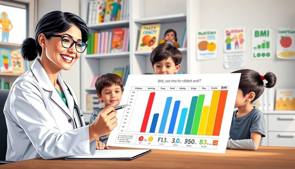 A pediatric healthcare professional in a well-lit office setting is seated at a desk, analyzing a colorful chart displaying BMI results for children. The foreground features a friendly female doctor in a white lab coat, wearing glasses and a warm smile, pointing at the chart with a pen. In the middle, a diverse group of children (two boys and a girl) are sitting in modest casual clothing, looking curiously at the chart, one child holding a tablet. The background shows shelves filled with children's health books and colorful posters on nutrition and exercise. Soft, natural lighting filters through a window, creating a welcoming and educational atmosphere, emphasizing the importance of understanding BMI for children's health.