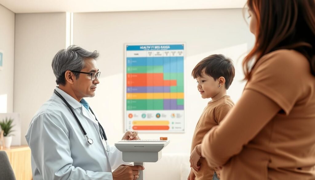 A professional and educational scene depicting a pediatrician in a modern office environment, engaging with a young child and their parent, both dressed in modest, casual clothing. The pediatrician is using a scale and a height measurement tool to calculate the child's body mass index (BMI). In the foreground, the pediatrician's focused expression conveys care and expertise. In the middle, there's a colorful wall chart illustrating healthy BMI ranges for children, making it informative and appealing. The background features soft, natural lighting filtering through the window, creating a warm and welcoming atmosphere. The overall mood is supportive and educational, highlighting the importance of health in children's development, without any text or distractions. A professional and educational scene depicting a pediatrician in a modern office environment, engaging with a young child and their parent, both dressed in modest, casual clothing. The pediatrician is using a scale and a height measurement tool to calculate the child's body mass index (BMI). In the foreground, the pediatrician's focused expression conveys care and expertise. In the middle, there's a colorful wall chart illustrating healthy BMI ranges for children, making it informative and appealing. The background features soft, natural lighting filtering through the window, creating a warm and welcoming atmosphere. The overall mood is supportive and educational, highlighting the importance of health in children's development, without any text or distractions.