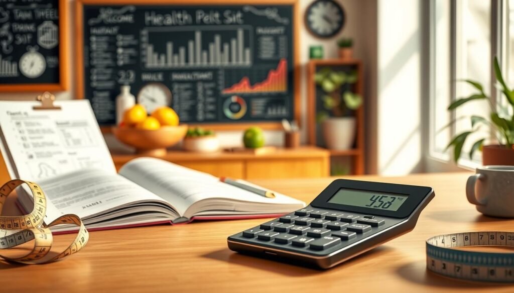 A professional and informative BMI calculator overview illustration. In the foreground, a sleek, modern BMI calculator on a wooden desk, surrounded by various health-related items like a measuring tape and a fruit bowl. In the middle ground, an open notebook with detailed notes and health charts. The background features a warm, softly illuminated room with a chalkboard displaying health stats and a plant in the corner, creating a welcoming atmosphere. Use soft, natural lighting to enhance the cozy, educational mood. A shallow depth of field focuses on the calculator while providing a slight blur to the background elements. The overall ambiance should evoke a sense of motivation and clarity in health tracking. A professional and informative BMI calculator overview illustration. In the foreground, a sleek, modern BMI calculator on a wooden desk, surrounded by various health-related items like a measuring tape and a fruit bowl. In the middle ground, an open notebook with detailed notes and health charts. The background features a warm, softly illuminated room with a chalkboard displaying health stats and a plant in the corner, creating a welcoming atmosphere. Use soft, natural lighting to enhance the cozy, educational mood. A shallow depth of field focuses on the calculator while providing a slight blur to the background elements. The overall ambiance should evoke a sense of motivation and clarity in health tracking.