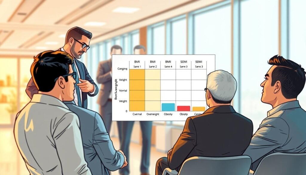 A professional and informative illustration depicting the breakdown of BMI categories for men. Foreground features a diverse group of men in business attire, standing or seated, engaged in discussion and analyzing a chart that illustrates BMI categories: underweight, normal weight, overweight, and obesity. The middle ground displays a clear, visually appealing chart with labeled sections demonstrating the BMI ranges and corresponding categories. In the background, a modern office environment with large windows and natural light creates a bright and professional atmosphere. The mood is educational and focused, encouraging viewers to engage with the content. Use a shallow depth of field to highlight the men and the chart while softly blurring the background. Ensure the lighting is warm and inviting, enhancing the overall clarity of the image. A professional and informative illustration depicting the breakdown of BMI categories for men. Foreground features a diverse group of men in business attire, standing or seated, engaged in discussion and analyzing a chart that illustrates BMI categories: underweight, normal weight, overweight, and obesity. The middle ground displays a clear, visually appealing chart with labeled sections demonstrating the BMI ranges and corresponding categories. In the background, a modern office environment with large windows and natural light creates a bright and professional atmosphere. The mood is educational and focused, encouraging viewers to engage with the content. Use a shallow depth of field to highlight the men and the chart while softly blurring the background. Ensure the lighting is warm and inviting, enhancing the overall clarity of the image.