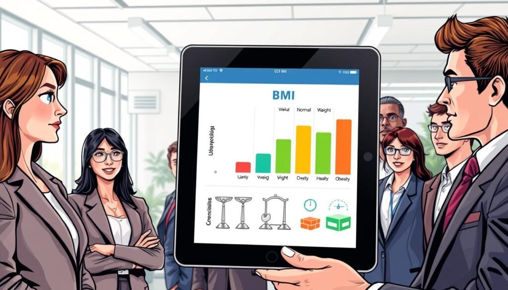 A professional and informative illustration depicting the concept of Body Mass Index (BMI) results and categories. In the foreground, a diverse group of individuals dressed in professional business attire, including a woman in a smart blazer and a man in a tailored suit, is gathered around a digital tablet displaying a colorful BMI chart with clear categories: underweight, normal weight, overweight, and obesity. In the middle ground, there are educational graphics showing BMI calculations and a scale. The background features a bright, modern office setting with natural lighting, creating an inviting and educational atmosphere. The overall mood is one of understanding and empowerment, conveying the importance of health awareness. A professional and informative illustration depicting the concept of Body Mass Index (BMI) results and categories. In the foreground, a diverse group of individuals dressed in professional business attire, including a woman in a smart blazer and a man in a tailored suit, is gathered around a digital tablet displaying a colorful BMI chart with clear categories: underweight, normal weight, overweight, and obesity. In the middle ground, there are educational graphics showing BMI calculations and a scale. The background features a bright, modern office setting with natural lighting, creating an inviting and educational atmosphere. The overall mood is one of understanding and empowerment, conveying the importance of health awareness.