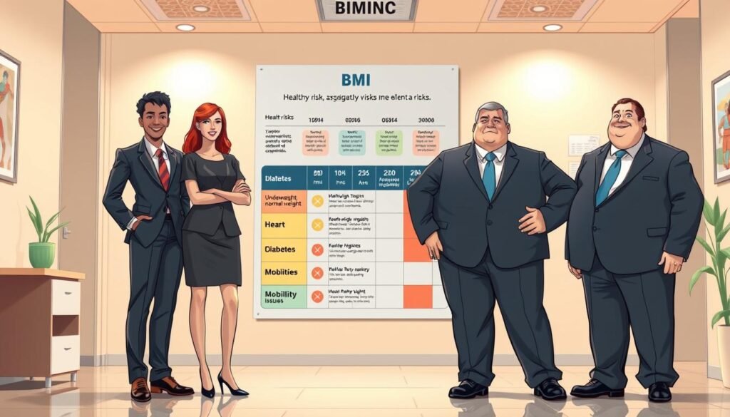 A professional and informative illustration depicting the health risks associated with various BMI categories. In the foreground, include a diverse group of three individuals in professional business attire, standing confidently. Each person represents a different BMI category: underweight, normal weight, overweight, and obese. The middle ground features a visually appealing chart that outlines health risks, such as heart disease, diabetes, and mobility issues, arranged in a clear, engaging manner. The background showcases a softly-lit, modern medical office environment with neutral tones that feels welcoming and informative. Use warm lighting to create an encouraging atmosphere, captured from a slight angle that allows for a comprehensive view of the individuals and the chart. No text or overlays should be included. A professional and informative illustration depicting the health risks associated with various BMI categories. In the foreground, include a diverse group of three individuals in professional business attire, standing confidently. Each person represents a different BMI category: underweight, normal weight, overweight, and obese. The middle ground features a visually appealing chart that outlines health risks, such as heart disease, diabetes, and mobility issues, arranged in a clear, engaging manner. The background showcases a softly-lit, modern medical office environment with neutral tones that feels welcoming and informative. Use warm lighting to create an encouraging atmosphere, captured from a slight angle that allows for a comprehensive view of the individuals and the chart. No text or overlays should be included.
