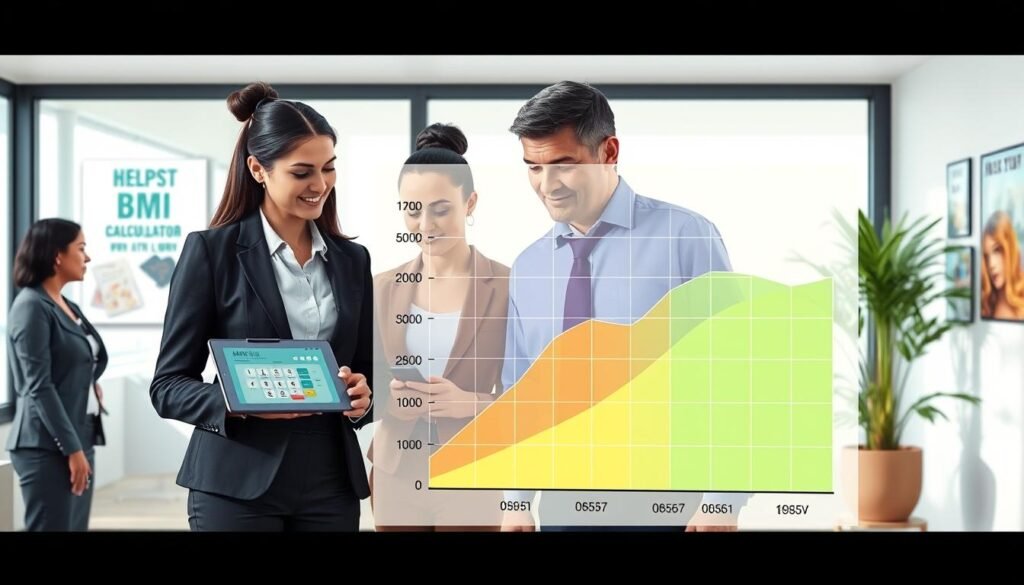A professional and informative scene illustrating the concept of BMI and its significance. In the foreground, a diverse group of individuals (two women and one man) in professional business attire are engaged in a discussion, using a tablet that displays a BMI calculator interface. The middle layer features a large, transparent overlay graph demonstrating BMI categories, with colors transitioning from underweight to obesity, creating a clear visual impact. The background includes a bright, well-lit office space with motivational health posters on the walls and a potted plant for a touch of nature. Use soft, natural lighting to evoke a sense of clarity and understanding, with a slightly elevated angle to capture the interaction and the BMI graph effectively, creating an atmosphere that promotes health and awareness. A professional and informative scene illustrating the concept of BMI and its significance. In the foreground, a diverse group of individuals (two women and one man) in professional business attire are engaged in a discussion, using a tablet that displays a BMI calculator interface. The middle layer features a large, transparent overlay graph demonstrating BMI categories, with colors transitioning from underweight to obesity, creating a clear visual impact. The background includes a bright, well-lit office space with motivational health posters on the walls and a potted plant for a touch of nature. Use soft, natural lighting to evoke a sense of clarity and understanding, with a slightly elevated angle to capture the interaction and the BMI graph effectively, creating an atmosphere that promotes health and awareness.