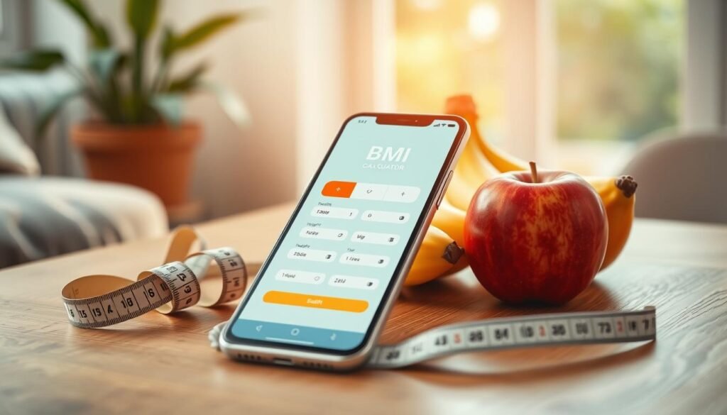 A professional and sleek BMI calculator app interface displayed on a modern smartphone resting on a wooden table, with a measuring tape and fresh fruits like apples and bananas placed nearby to symbolize health. The background features a softly blurred home environment with greenery visible through a window, creating a sense of tranquility and focus on wellness. Warm, natural lighting illuminates the scene, enhancing the app's vibrant colors and inviting design. The smartphone screen showcases a user-friendly BMI calculator interface, complete with input fields for weight and height, depicted in an engaging way. The overall mood is motivational and health-oriented, inviting users to engage with their well-being in a positive manner. A professional and sleek BMI calculator app interface displayed on a modern smartphone resting on a wooden table, with a measuring tape and fresh fruits like apples and bananas placed nearby to symbolize health. The background features a softly blurred home environment with greenery visible through a window, creating a sense of tranquility and focus on wellness. Warm, natural lighting illuminates the scene, enhancing the app's vibrant colors and inviting design. The smartphone screen showcases a user-friendly BMI calculator interface, complete with input fields for weight and height, depicted in an engaging way. The overall mood is motivational and health-oriented, inviting users to engage with their well-being in a positive manner.