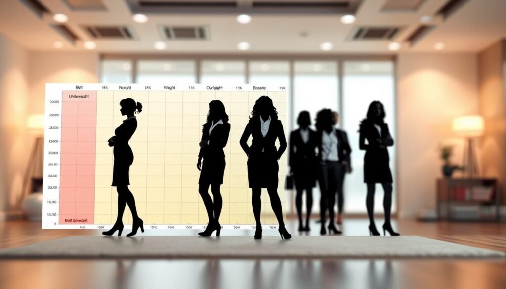 A professional and visually appealing BMI chart for women, designed to convey information clearly. In the foreground, a neatly organized BMI chart with a gradient color scheme representing different BMI categories (underweight, normal weight, overweight, and obesity) in soft pastels. The middle ground features silhouettes of diverse women in professional business attire, illustrating a range of body types for inclusivity. The background is softly blurred, featuring a calming health and wellness-themed environment with gentle lighting that creates an inviting atmosphere. The overall mood is educational and empowering, inviting viewers to understand BMI and its implications on health. The image should have a clean design with no text, ensuring focus on the visual representation of the BMI chart.