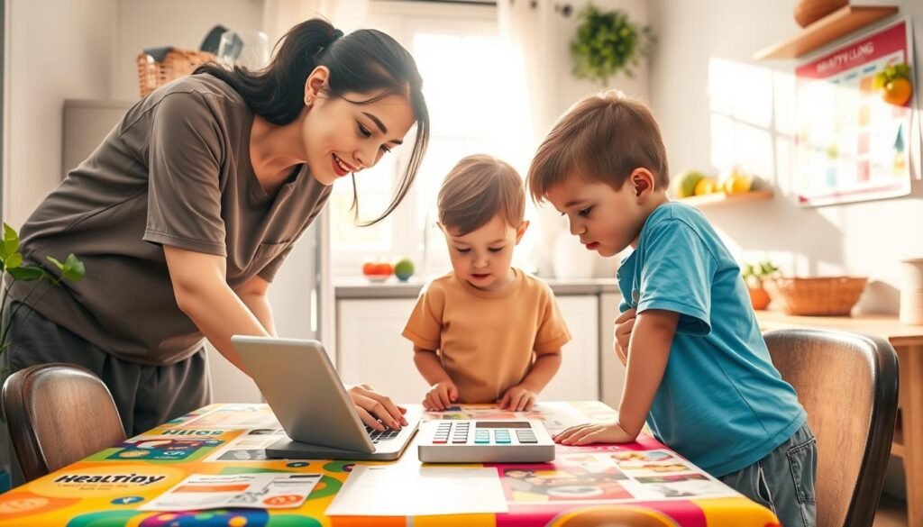 A professional, child-friendly scene depicting a parent and child using a BMI calculator together. In the foreground, the parent—a woman in modest casual clothing—leans over the calculator, intently guiding her child, a young boy wearing a T-shirt and shorts, who is looking at the screen with curiosity. The middle of the image showcases the BMI calculator on a bright, colorful table covered with educational materials on healthy living. In the background, a cozy kitchen setting features a fruit basket, a healthy meal plan on the wall, and soft natural lighting streaming through a window, creating a warm and supportive atmosphere. The camera angle captures the interaction between parent and child, emphasizing involvement and care while ensuring a positive, enlightening experience.