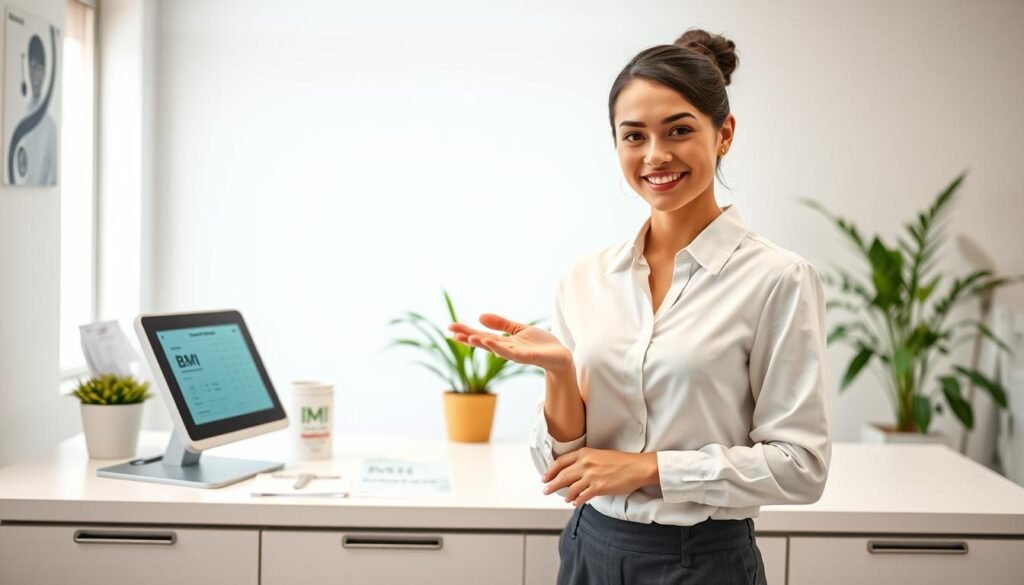 A professional female healthcare worker, dressed in a smart, modest blouse and slacks, stands in front of a sleek BMI calculator device on a bright, clean clinic desk. In the foreground, focus on her gentle and inviting smile, while she demonstrates how to input data into the calculator. The middle ground shows a close-up of the calculator's display, clearly showing BMI calculation results, surrounded by health-related pamphlets. The background features soft, natural lighting filtering through a window, with potted plants adding a touch of warmth to the clinical setting. The atmosphere is welcoming and informative, emphasizing health and wellness for women. The lens used is a slight wide-angle, enhancing the sense of space in the clinic.