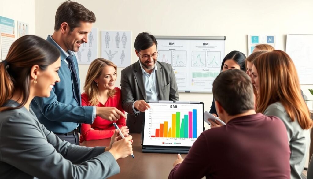 A professional healthcare setting with a focus on interpreting BMI results. In the foreground, a diverse group of adults wearing business attire are gathered around a table with a digital tablet displaying a colorful BMI chart. One person is pointing at the chart while another takes notes, showcasing engagement and discussion. In the middle ground, there’s a whiteboard with diagrams illustrating BMI categories and their health implications. The background features medical posters and calming colors, creating a reassuring atmosphere. Soft, natural lighting highlights the subjects’ expressions, conveying curiosity and understanding. The scene is captured from a slightly elevated angle, providing a comprehensive view that emphasizes collaboration and education in health management.