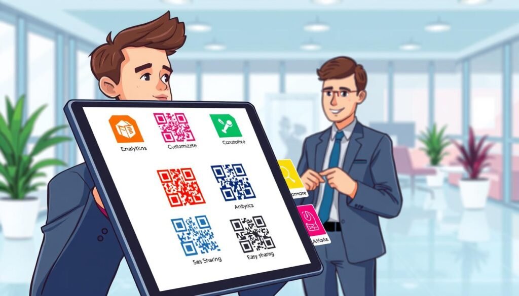 A professional illustration depicting the key features of a QR Code Generator Free Plan. In the foreground, a sleek digital tablet displays various colorful QR codes and icons representing features like analytics, customization, and easy sharing. In the middle ground, a modern office setting with a businessperson in professional attire, examining the tablet with a satisfied expression. The background features a blurred office environment with potted plants and contemporary furniture, infused with soft, natural light filtering through large windows. The mood is optimistic and innovative, highlighting the ease of use and benefits of the service, captured with a slightly elevated angle to emphasize the tablet and its contents. Bright, vivid colors convey a sense of technology and creativity. A professional illustration depicting the key features of a QR Code Generator Free Plan. In the foreground, a sleek digital tablet displays various colorful QR codes and icons representing features like analytics, customization, and easy sharing. In the middle ground, a modern office setting with a businessperson in professional attire, examining the tablet with a satisfied expression. The background features a blurred office environment with potted plants and contemporary furniture, infused with soft, natural light filtering through large windows. The mood is optimistic and innovative, highlighting the ease of use and benefits of the service, captured with a slightly elevated angle to emphasize the tablet and its contents. Bright, vivid colors convey a sense of technology and creativity.