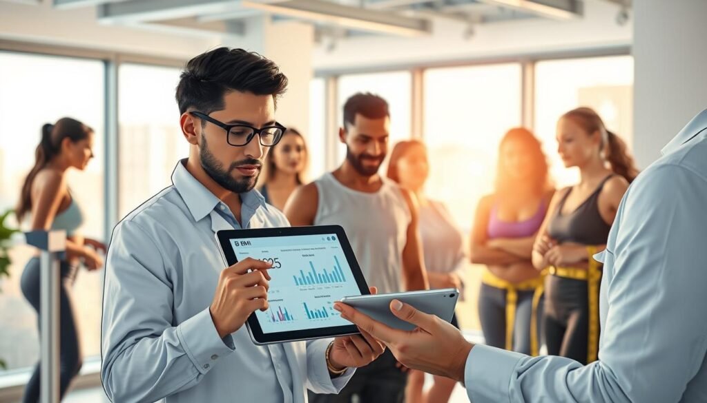 A professional, informative scene depicting the concept of "Understanding BMI Results". In the foreground, a health expert, dressed in smart casual attire, is analyzing a digital tablet displaying various BMI charts and figures. In the middle ground, there are diverse individuals of different body types and ethnicities, thoughtfully engaged in conversation about their health, standing next to fitness-related equipment such as a scale and measuring tape. The background features a bright, modern office space, with natural light streaming through large windows, emphasizing a welcoming and motivational atmosphere. Soft, warm lighting highlights the faces of the individuals, creating an inviting and supportive environment focused on health awareness and community. The overall mood is uplifting and educational, encouraging viewers to engage with their health proactively. A professional, informative scene depicting the concept of "Understanding BMI Results". In the foreground, a health expert, dressed in smart casual attire, is analyzing a digital tablet displaying various BMI charts and figures. In the middle ground, there are diverse individuals of different body types and ethnicities, thoughtfully engaged in conversation about their health, standing next to fitness-related equipment such as a scale and measuring tape. The background features a bright, modern office space, with natural light streaming through large windows, emphasizing a welcoming and motivational atmosphere. Soft, warm lighting highlights the faces of the individuals, creating an inviting and supportive environment focused on health awareness and community. The overall mood is uplifting and educational, encouraging viewers to engage with their health proactively.