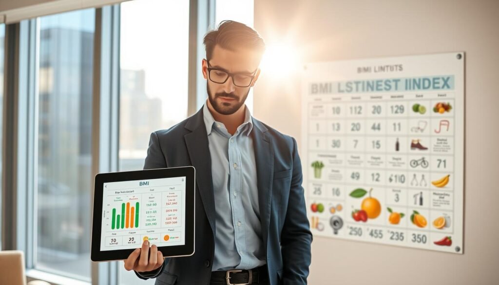 A professional male figure standing confidently in a modern office setting, dressed in smart casual attire, examining a digital tablet displaying BMI calculations. In the foreground, the tablet shows a clear visual representation of Body Mass Index categories with illustrative graphics. In the middle ground, a large, sleek chart illustrating BMI values and their significance can be seen on the wall, alongside health information images such as fruits and exercise equipment. The background features a sunlit window with urban views, enhancing a bright and motivating atmosphere. Soft, natural lighting creates an inviting ambiance, capturing an educational yet engaging mood, with a focus on understanding health metrics.