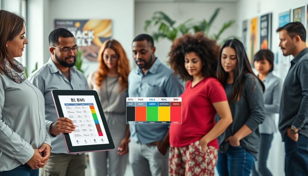 A professional scene depicting the relationship between Body Mass Index (BMI) and health risks. In the foreground, a diverse group of individuals in modest casual clothing, reflecting various body types, engages attentively with a digital BMI calculator on a tablet device. In the middle ground, a colorful infographic illustrates health risks associated with different BMI ranges, such as heart disease, diabetes, and hypertension, seamlessly integrated into the environment. The background features a bright and airy healthcare setting, with plants and motivational health posters. Soft, natural lighting creates an inviting atmosphere, while the angle captures the openness of the space, evoking a sense of community and wellness.