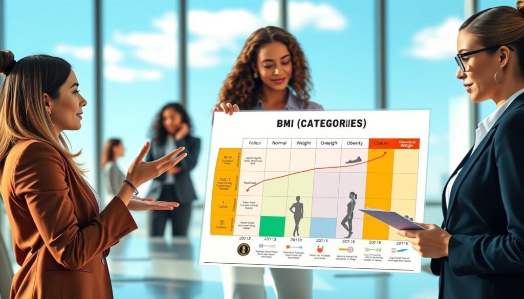 A professional setting depicting diverse women, dressed in business attire, analyzing a large infographic on BMI categories. In the foreground, one woman gestures towards the chart with a look of understanding, while another takes notes. The middle layer features a clear, colorful infographic displaying various BMI categories (underweight, normal weight, overweight, obesity) with corresponding visuals symbolizing each category. The background includes a bright, well-lit conference room with a large window showing a clear blue sky, enhancing a productive atmosphere. Use natural lighting to create a welcoming feel, with a slight depth of field to focus on the women in the foreground while keeping the infographic and background softly blurred. The overall mood is educational, professional, and encouraging. A professional setting depicting diverse women, dressed in business attire, analyzing a large infographic on BMI categories. In the foreground, one woman gestures towards the chart with a look of understanding, while another takes notes. The middle layer features a clear, colorful infographic displaying various BMI categories (underweight, normal weight, overweight, obesity) with corresponding visuals symbolizing each category. The background includes a bright, well-lit conference room with a large window showing a clear blue sky, enhancing a productive atmosphere. Use natural lighting to create a welcoming feel, with a slight depth of field to focus on the women in the foreground while keeping the infographic and background softly blurred. The overall mood is educational, professional, and encouraging.