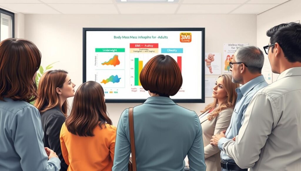 A professional setting illustrating the concept of Body Mass Index (BMI) for adults. In the foreground, a diverse group of adults dressed in smart casual clothing is gathered around a digital screen displaying a colorful infographic related to BMI calculations and health. In the middle, diagrams of BMI categories (underweight, healthy weight, overweight, obesity) are visible, with arrows indicating ranges. The background shows a clinical environment, such as a well-lit health office with subtle greenery and wellness posters. Soft, natural lighting creates an inviting atmosphere, while the angle captures the focused discussions among the adults, portraying a sense of community and engagement in health awareness.