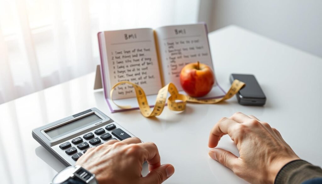 A professional setting showcasing a calculator and a BMI chart on a clean, modern desk. In the foreground, a pair of hands—one wearing a wristwatch—inputs data into a sleek calculator. The calculator displays numbers, hinting at the BMI calculation process. In the middle, an open notebook with handwritten notes on BMI, flanked by a measuring tape and a fresh apple, symbolizing health. The background features a softly blurred window with natural light pouring in, creating an inviting and informative atmosphere. The overall mood is focused and motivational, reflecting the theme of self-care and health awareness, with a cool color palette emphasizing professionalism and clarity. No text or distractions present. A professional setting showcasing a calculator and a BMI chart on a clean, modern desk. In the foreground, a pair of hands—one wearing a wristwatch—inputs data into a sleek calculator. The calculator displays numbers, hinting at the BMI calculation process. In the middle, an open notebook with handwritten notes on BMI, flanked by a measuring tape and a fresh apple, symbolizing health. The background features a softly blurred window with natural light pouring in, creating an inviting and informative atmosphere. The overall mood is focused and motivational, reflecting the theme of self-care and health awareness, with a cool color palette emphasizing professionalism and clarity. No text or distractions present.
