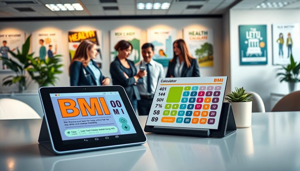 A professional setting showcasing a modern BMI calculator on a sleek desk, surrounded by health-related graphics such as charts and figures representing a healthy lifestyle. In the foreground, a digital tablet displays the BMI calculator interface with vivid, contrasting colors that emphasize user engagement. The middle ground features a diverse group of individuals in business casual attire, intently discussing their health metrics, conveying a sense of collaboration and concern for wellness. The background includes a softly lit, minimalist office environment with greenery accents and motivational health posters. The lighting is warm and inviting, enhancing the theme of health and wellness, captured from a slightly elevated angle to emphasize the interaction between the calculator and the individuals. The overall atmosphere is focused, encouraging, and supportive, reflecting the importance of BMI in health assessment. A professional setting showcasing a modern BMI calculator on a sleek desk, surrounded by health-related graphics such as charts and figures representing a healthy lifestyle. In the foreground, a digital tablet displays the BMI calculator interface with vivid, contrasting colors that emphasize user engagement. The middle ground features a diverse group of individuals in business casual attire, intently discussing their health metrics, conveying a sense of collaboration and concern for wellness. The background includes a softly lit, minimalist office environment with greenery accents and motivational health posters. The lighting is warm and inviting, enhancing the theme of health and wellness, captured from a slightly elevated angle to emphasize the interaction between the calculator and the individuals. The overall atmosphere is focused, encouraging, and supportive, reflecting the importance of BMI in health assessment.